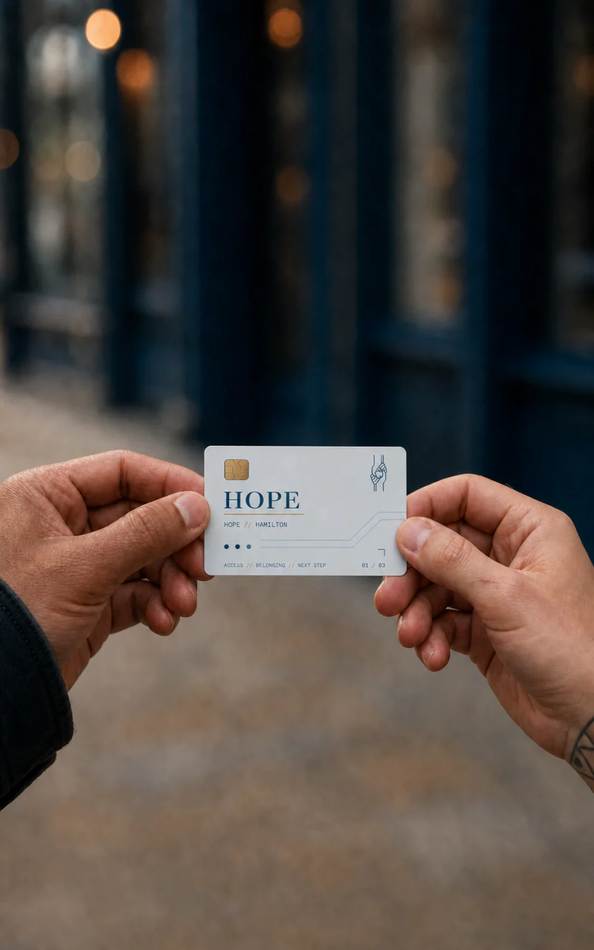 Concept artwork of two hands exchanging a pearl-grey HOPE card with a gold chip and minimalist clasped-hands mark